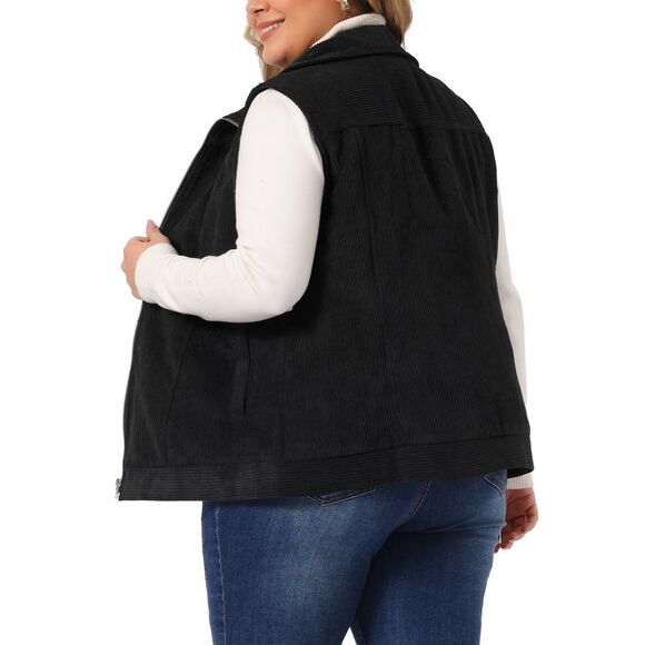 Plus Size Sleeveless Vests Casual Zipper Side Pocket Corduroy Vests Black - Picture 4 of 6